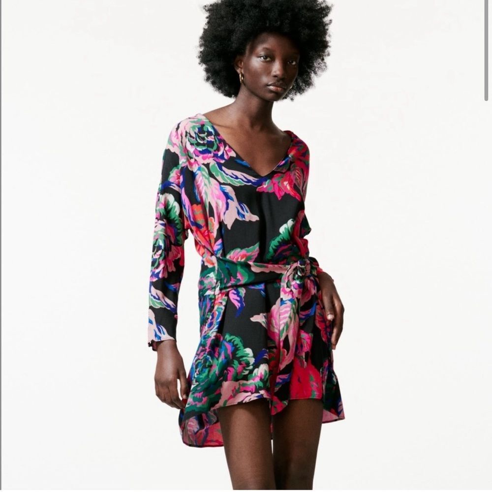 Zara Floral Mini Dress Womens Small Black Bright Print Long Sleeve Tie Waist